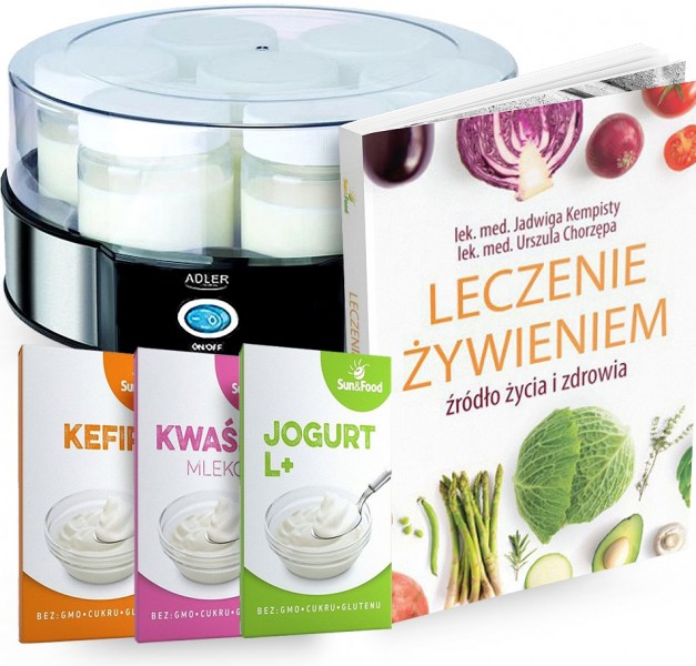 Zestaw - leczenie żywieniem książka, jogurtownica Adler, kefir, kwaśne mleko, jogurt L+